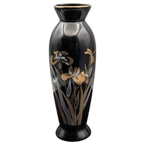Vintage Black Japan Vase Gold‎ Iris Floral Elegant Home Decor Accent Piece 6"x4"